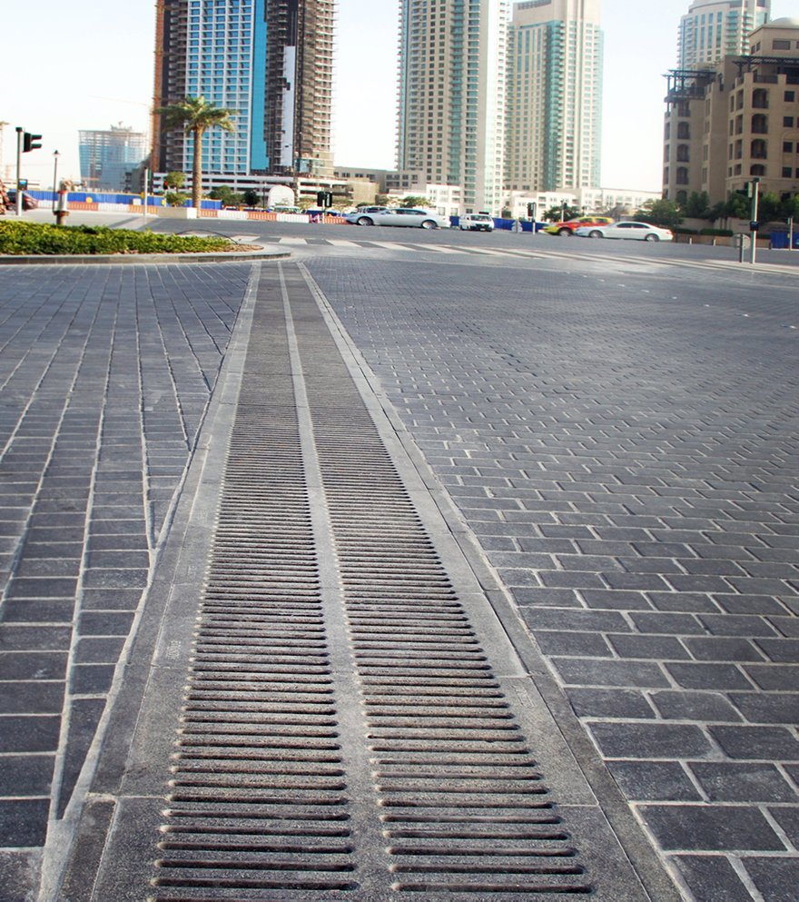 Standard stone composite trench grates used in Burj Khalifa boulevard