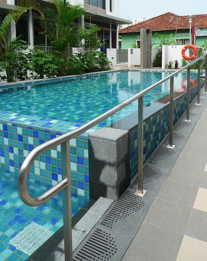 Jonite pool grates near the steps of the pool at Charlton Villa