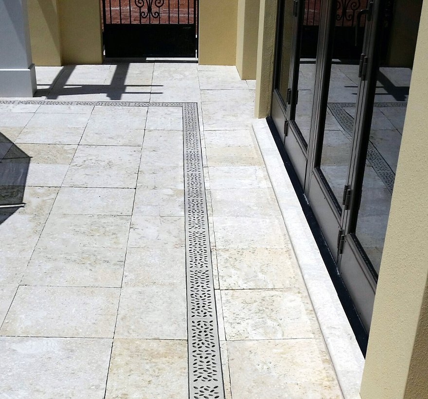 Jonite trench grates with corner fittings in Floridian projects