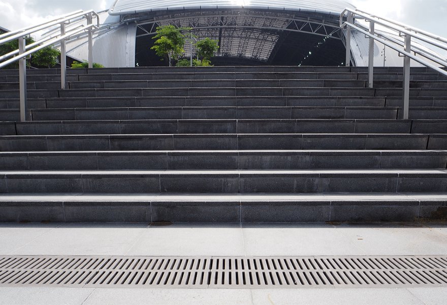 Jonite standard slotted collection trench grates in Singapore Sports Hub