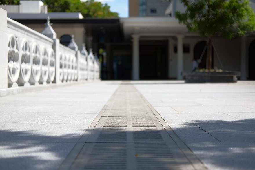 Close up Jonite slotted collection trench grates in Novena Church SIngapore