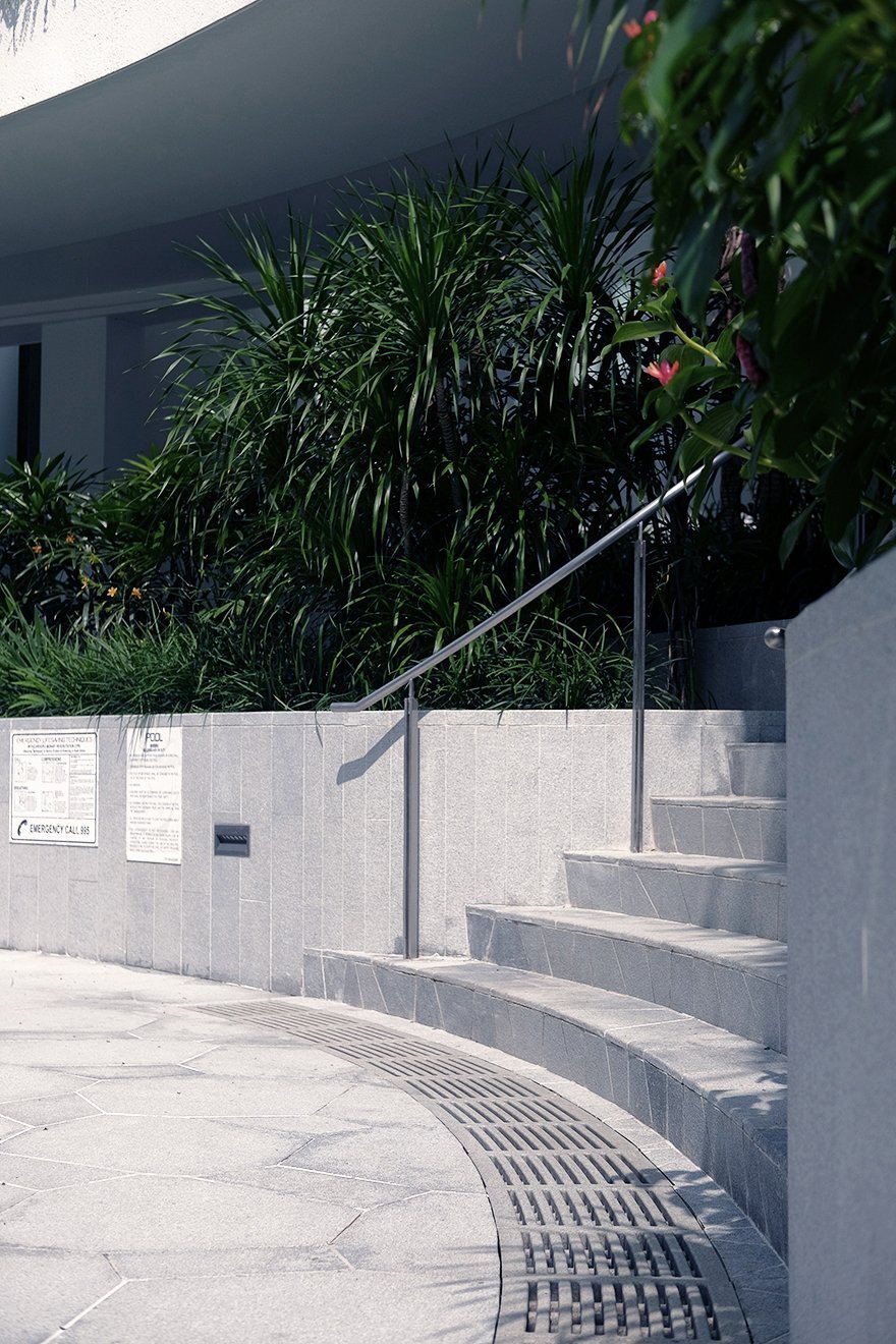 Customised width Jonite reinforced stone trench grates in 8 St Thomas Singapore