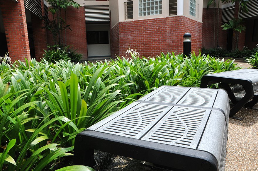 Jonite stone benches outside of Stamford American