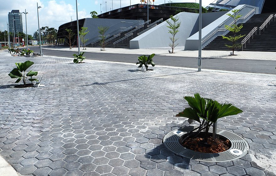 Custom Jonite tree grates with light ports in Singapore Sports Hub