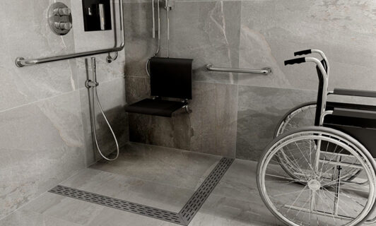 Specials shower drain solution in a shower with a seat