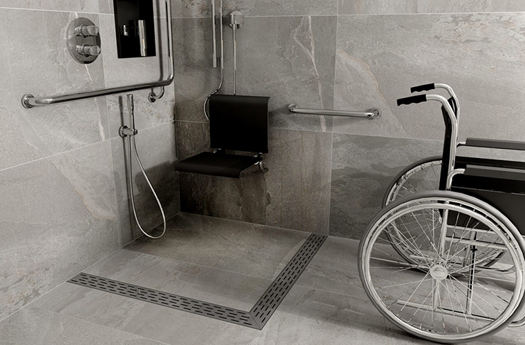 Specials shower drain solution in a shower with a seat