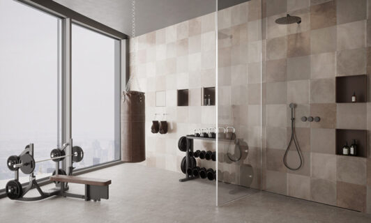 Jonite box wall niches installed in a home gym with a shower