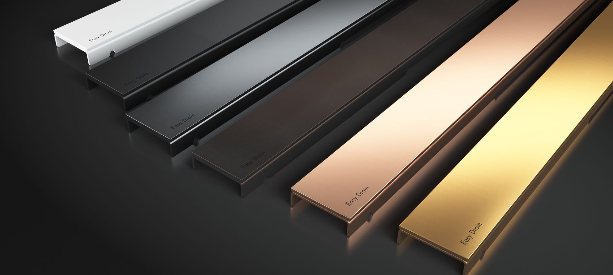 close up of the different finishes available for the Modulo easy drain