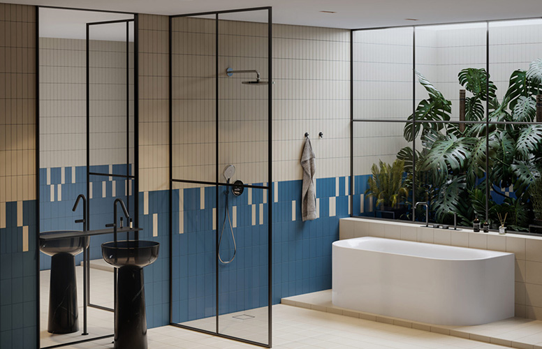 Aqua point drain installed in a shower with a blue wall