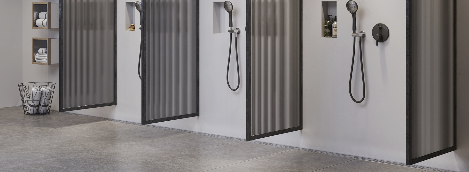 Self-adhesive Sealing Set shower boards installed in a shower area with multiple stalls