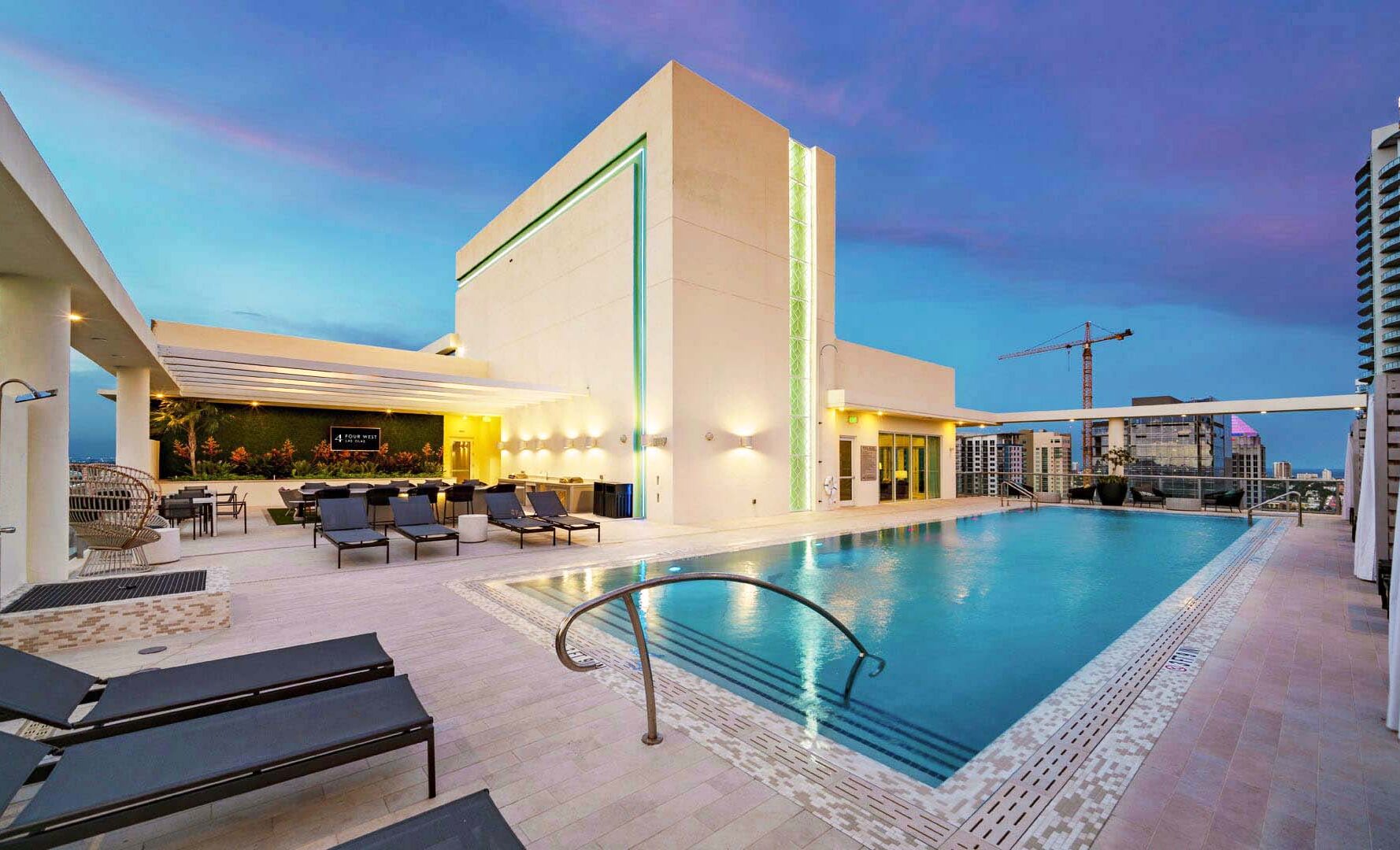 rooftop swimming pool at evening time at 4 West Las Olas