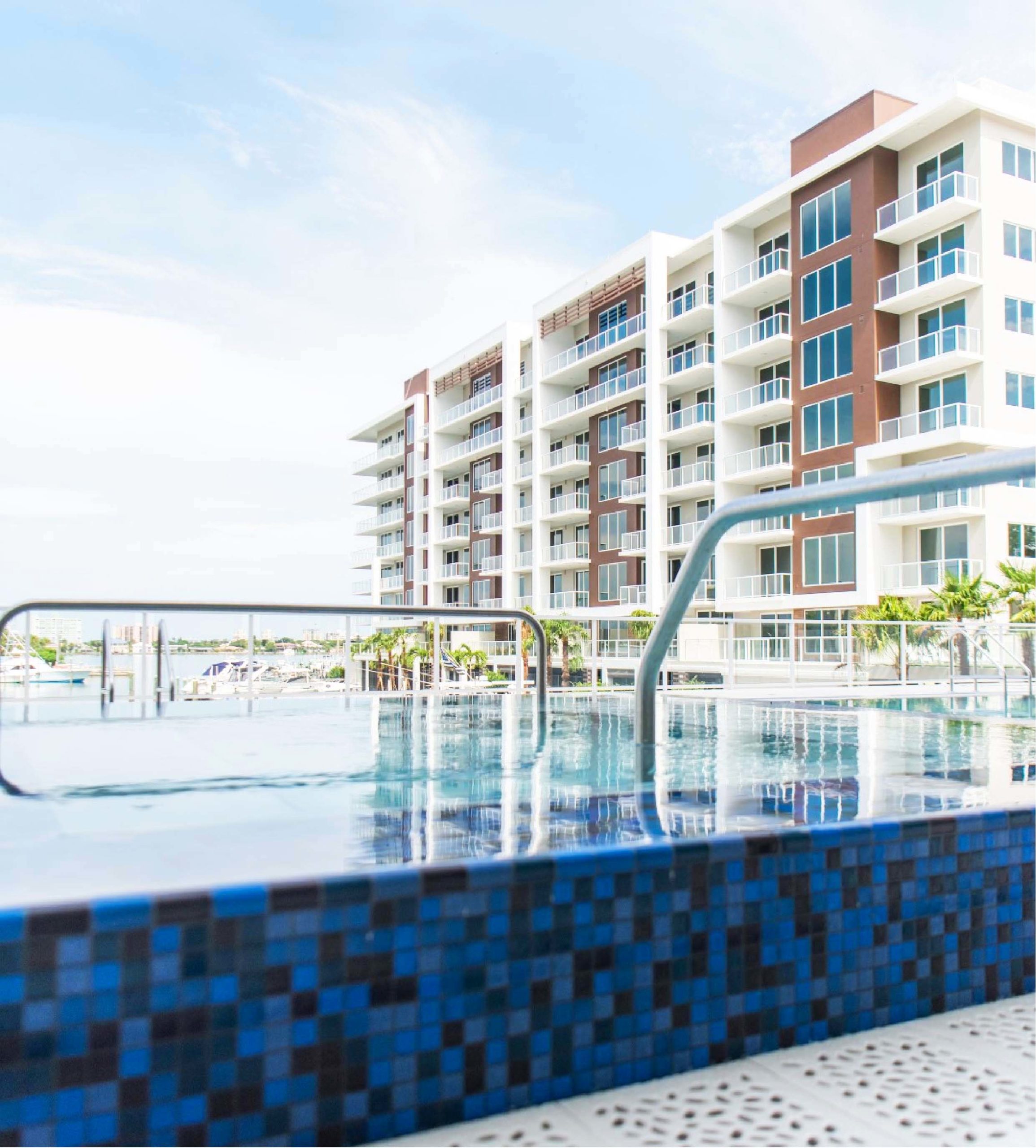 view of Marina Bay 880 building from the hot tub