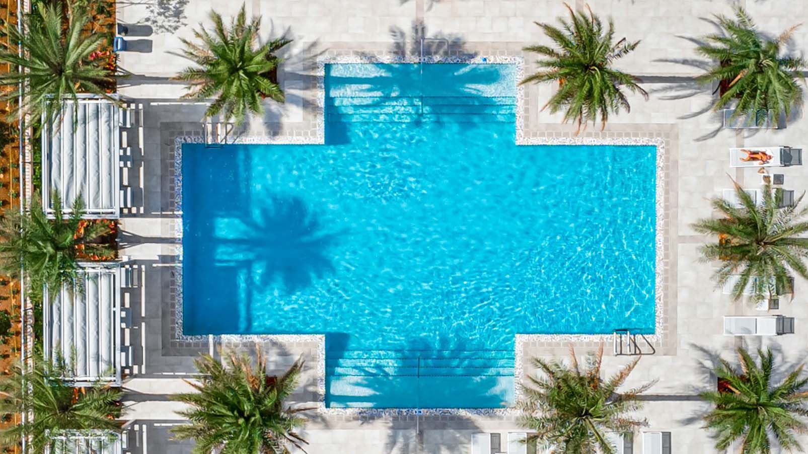 Overhead view of a swimming pool at Marina Del Mar