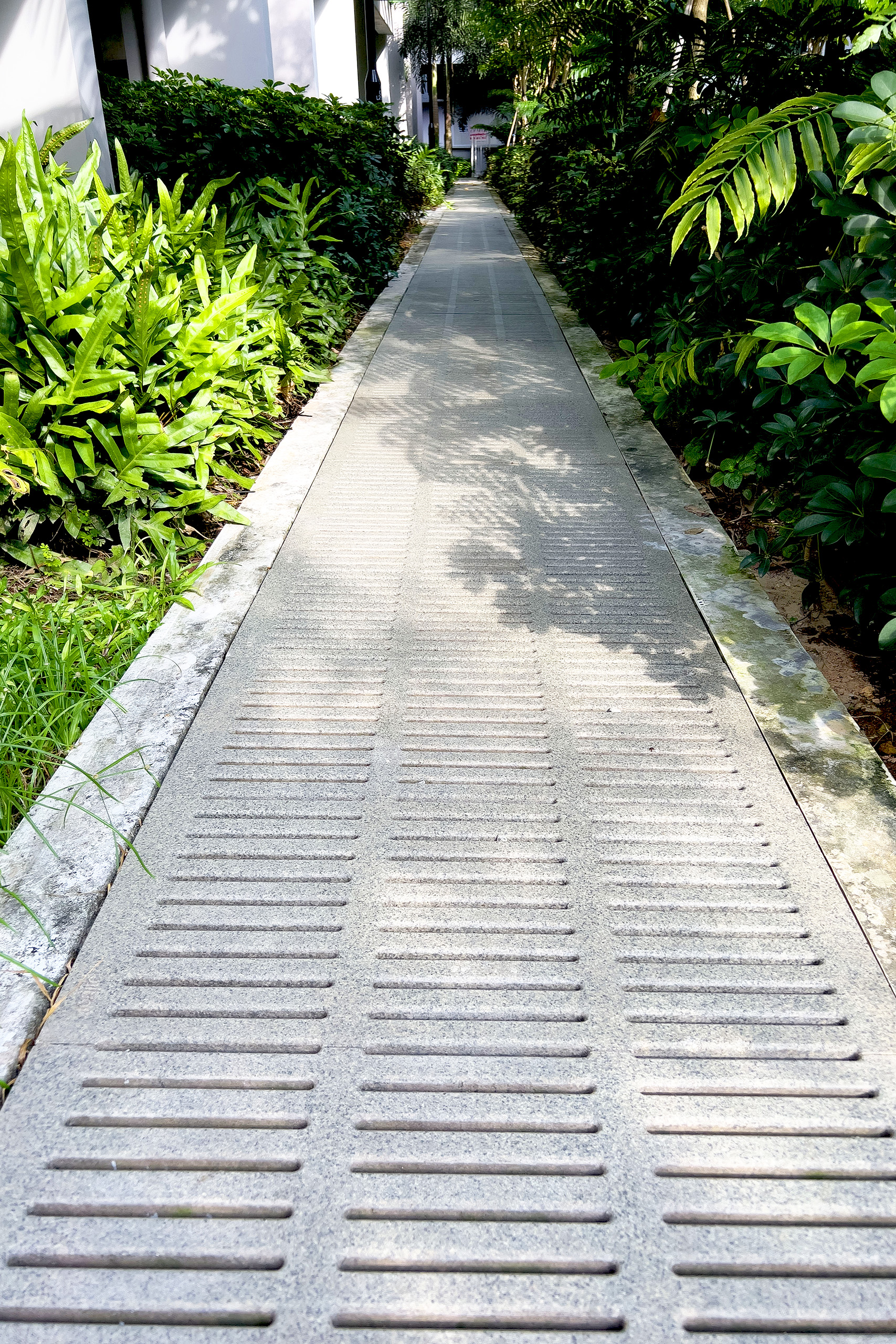 stone trench grates installed between plants